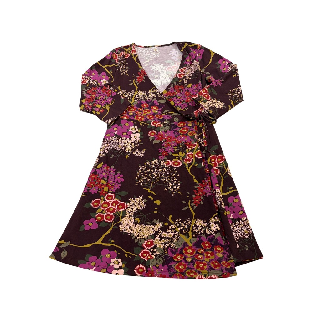 Spartina 449 Alisa Floral Wrap Dress Plum Purple 3/4 Sleeve Cotton Medium - Picture 2 of 10